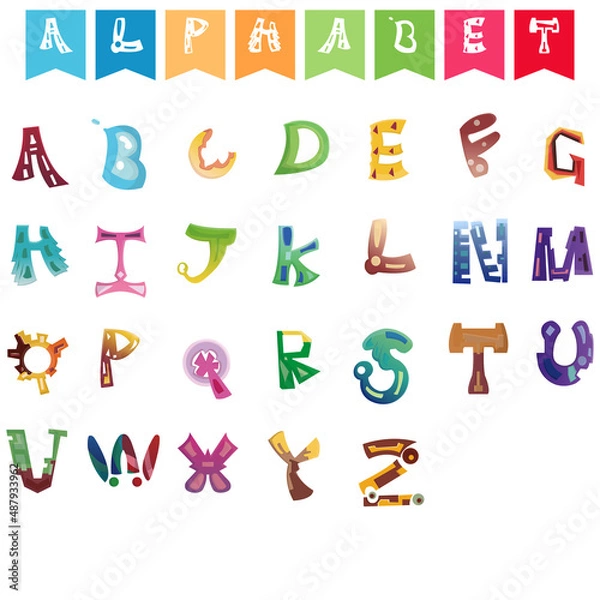 Fototapeta Cartoon alphabet. Alphabet font symbols and numbers colorful funny creative characters isolated premium vector