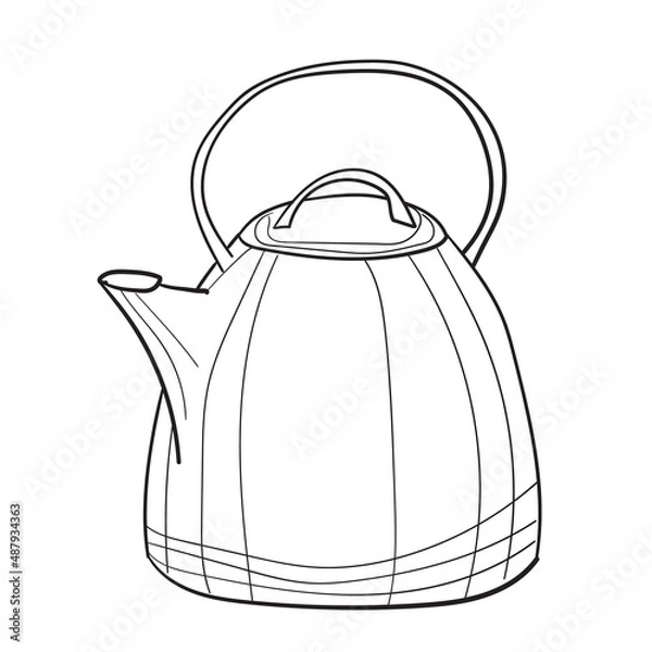 Fototapeta Hand-drawn vector illustration of kettle. With black circuit without fill on white background
