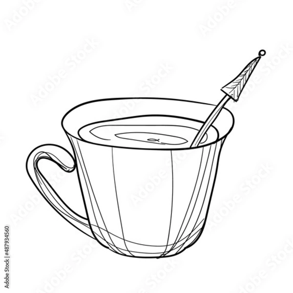 Fototapeta Hand-drawn vector illustration of cup with spoon. With black circuit without fill on white background