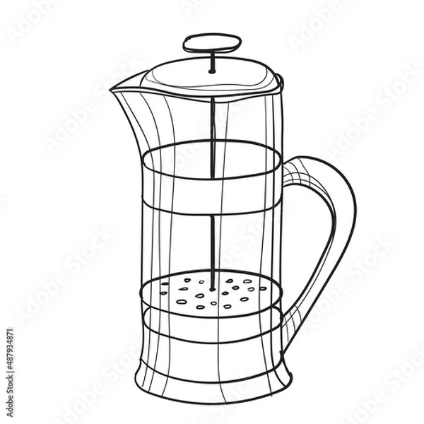 Fototapeta Hand-drawn vector illustration of coffee press. With black circuit without fill on white background