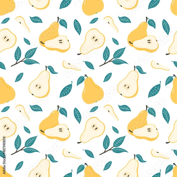 Fototapeta Sweet Pears Seamless Pattern. Half, Slice and Whole Juicy Fruits Repetetiev Background. Hand Drawn fruit ornament for wallpaper, wrapping paper, menu, textile, food package design and decoration
