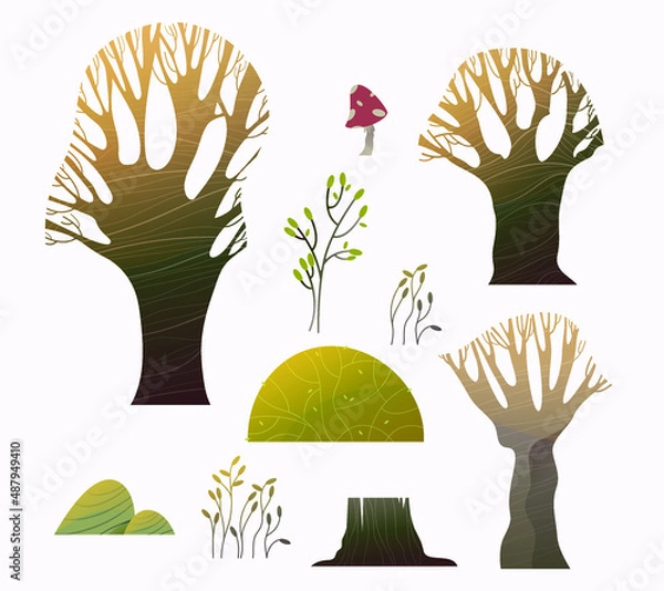 Fototapeta Spring set of plants. Trees, bushes, stones, mushrooms, flowers. Forest. Vector illustration.