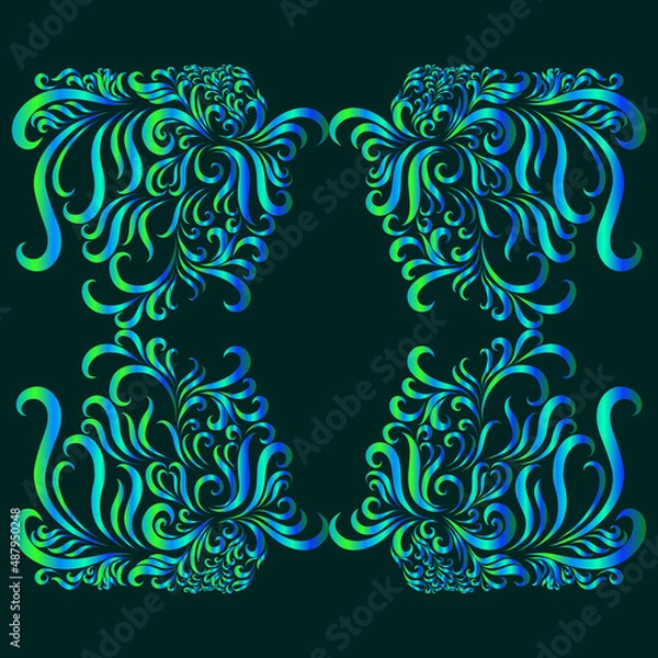 Obraz abstract elegant design decorative filigree curly lines vintage pattern green and blue on dark background