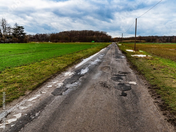 Fototapeta spring road outside the city along a green field
