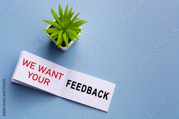 Fototapeta Text on notepad with reading glasses and potted plant on blue background