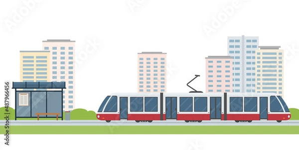 Obraz Modern tram, tram station and city buildings isolated on white background. Concept of public transport. Flat style. Vector illustration.