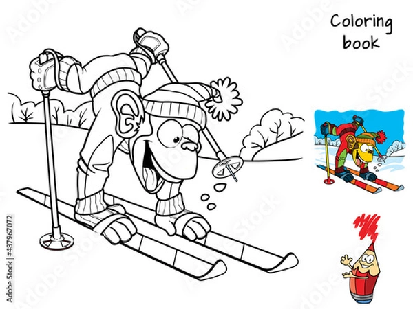 Fototapeta Funny monkey skiing. Coloring book