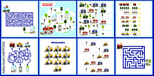 Fototapeta Mini games collections with cars for development. I spy. Maze.  Colorful vector illustration in flat style.