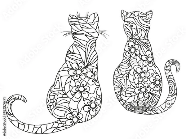 Fototapeta Cats on white. Zentangle. Hand drawn animals with abstract patterns on isolation background. Design for spiritual relaxation for adults. Black and white illustration for coloring