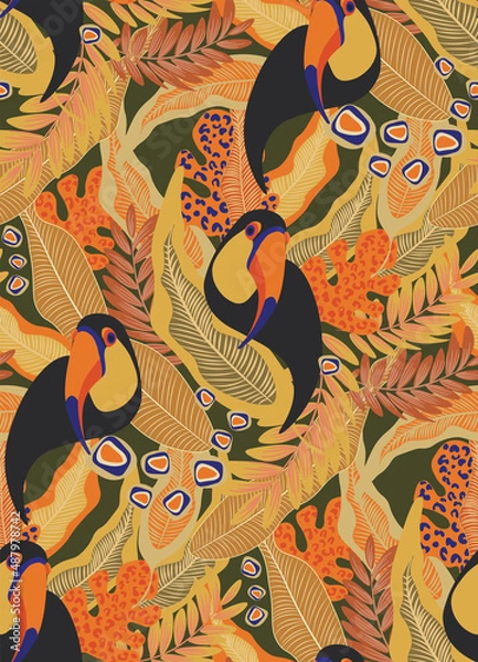Fototapeta toucan, bird, exotic bird, bird of paradise, tropical animals, mexican, vector, seamless vector, seamless pattern, vector file, bright tropics, jungle, rainforest, monstera, banana, tropics, tropical 