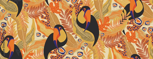 Fototapeta toucan, bird, exotic bird, bird of paradise, tropical animals, mexican, vector, seamless vector, seamless pattern, vector file, bright tropics, jungle, rainforest, monstera, banana, tropics, tropical 