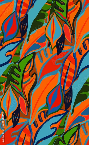 Fototapeta mexican, vector, seamless vector, seamless pattern, vector file, bright tropics, jungle, rainforest, manstera, banana, tropics, tropical pattern, bright tropics, bright colors, summer hawaiian pattern