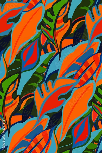 Fototapeta mexican, vector, seamless vector, seamless pattern, vector file, bright tropics, jungle, rainforest, manstera, banana, tropics, tropical pattern, bright tropics, bright colors, summer hawaiian pattern