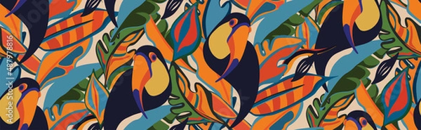 Fototapeta toucan, bird, exotic bird, bird of paradise, tropical animals, mexican, vector, seamless vector, seamless pattern, vector file, bright tropics, jungle, rainforest, monstera, banana, tropics, tropical 