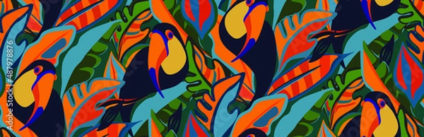 Fototapeta toucan, bird, exotic bird, bird of paradise, tropical animals, mexican, vector, seamless vector, seamless pattern, vector file, bright tropics, jungle, rainforest, monstera, banana, tropics, tropical 