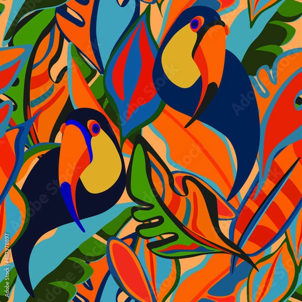 Fototapeta toucan, bird, exotic bird, bird of paradise, tropical animals, mexican, vector, seamless vector, seamless pattern, vector file, bright tropics, jungle, rainforest, monstera, banana, tropics, tropical 