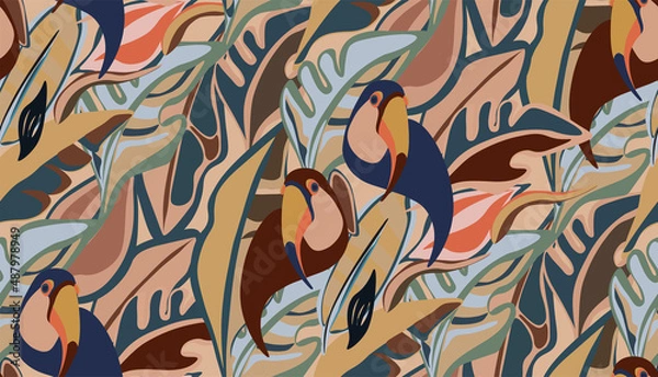 Fototapeta toucan, bird, exotic bird, bird of paradise, tropical animals, mexican, vector, seamless vector, seamless pattern, vector file, bright tropics, jungle, rainforest, monstera, banana, tropics, tropical 