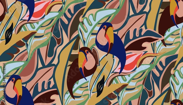 Fototapeta toucan, bird, exotic bird, bird of paradise, tropical animals, mexican, vector, seamless vector, seamless pattern, vector file, bright tropics, jungle, rainforest, monstera, banana, tropics, tropical 