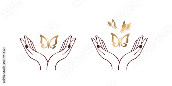 Fototapeta Female hands with butterflies. Continuous one line art drawing style. Dark brown linear sketch isolated on white background. Vector illustration.