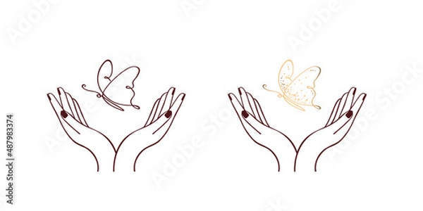 Fototapeta Female hands with butterflies. Continuous one line art drawing style. Dark brown linear sketch isolated on white background. Vector illustration.