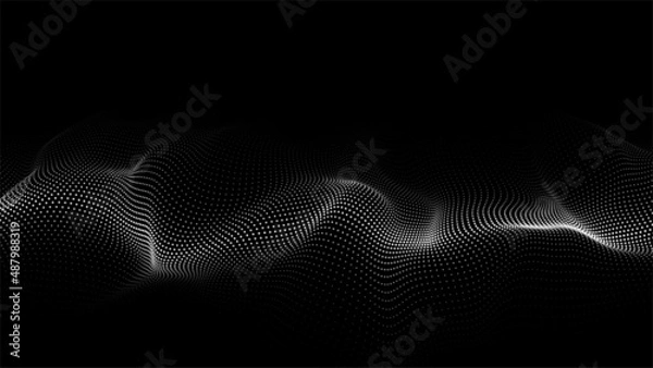 Fototapeta Digital dynamic wave of particles. Vector abstract black futuristic background. Big data visualization.