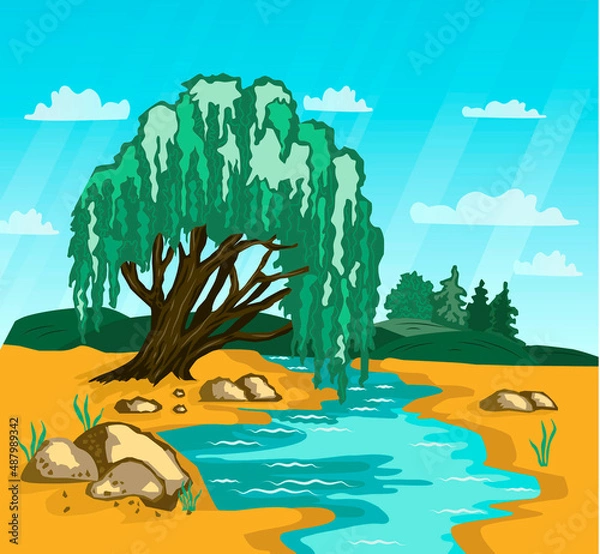 Fototapeta summer landscape a tree above the water and a sandy beach against a background of blue sky and clouds
