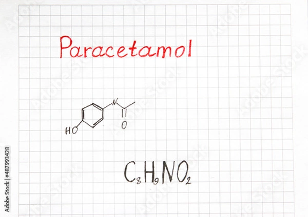 Fototapeta Chemical formula of Paracetamol. Tablets to eliminate high temperature. Close-up.