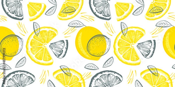 Fototapeta Lemon seamless pattern. Colorful sketch lemons. Citrus fruit background. Elements for menu, greeting cards, wrapping paper, cosmetics packaging, posters etc
