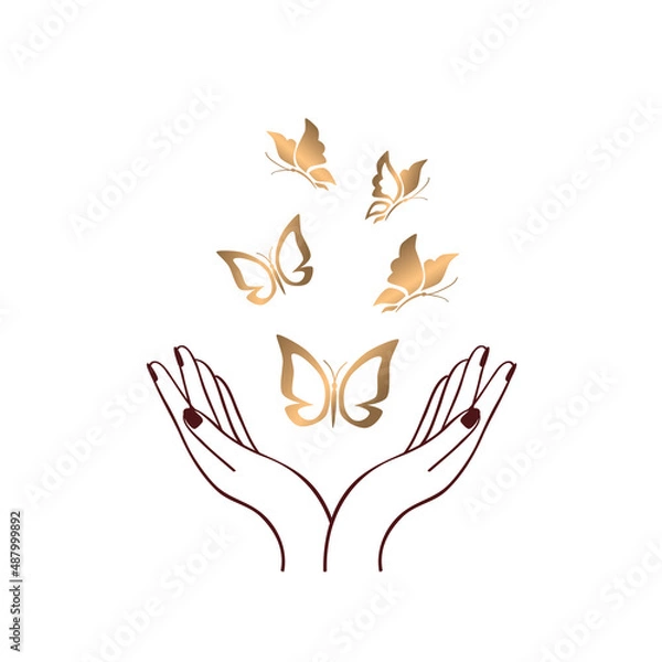 Fototapeta Female hands with golden butterflies.  Dark brown linear sketch isolated on white background. Vector illustration.