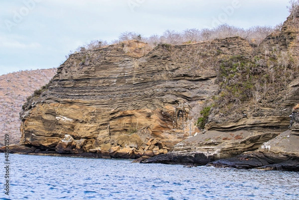 Fototapeta Steep cliffs reveal the volcanic geology of Caleta Tagus on isabela island in the Galapagos.