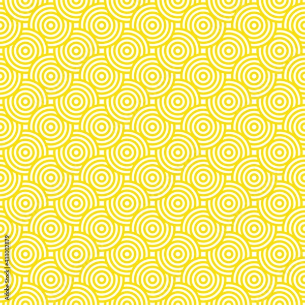 Fototapeta Abstract vector background of bright yellow circles overlapping each other on white background. Seamless pattern. Modern, colorful, vibrant background.  Summer, cheerful. Copy space.