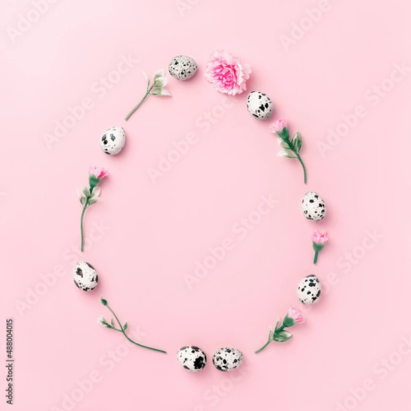 Fototapeta Oval compositions of spring herbs, eggs, and flowers on a pink pastel background. Minimal easter concept. Flat lay with copy space.