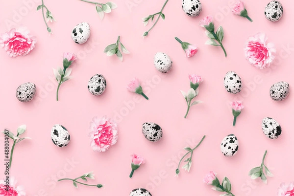 Fototapeta Easter composition with spring herbs, flowers and eggs on pastel pink background close up. Minimal easter concept. Flat lay with copy space.