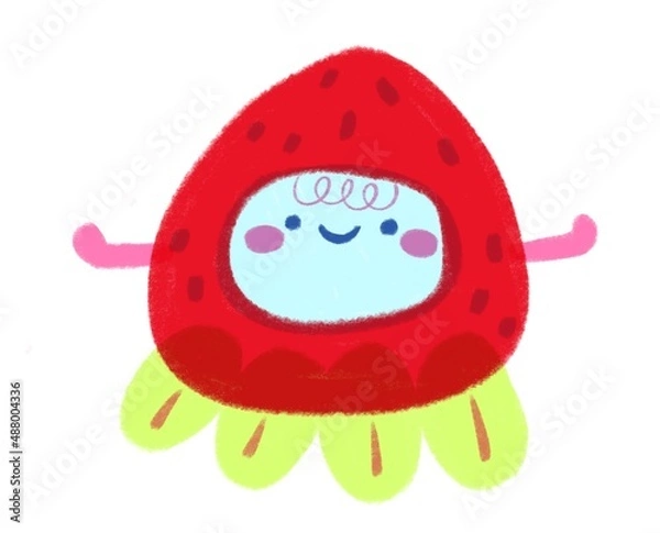 Fototapeta Kawaii children illustration with cute smiling strawberry with hands and leaves. Simple hand drawn element berry red and green colors for sticker, print, greeting cards, children books 
