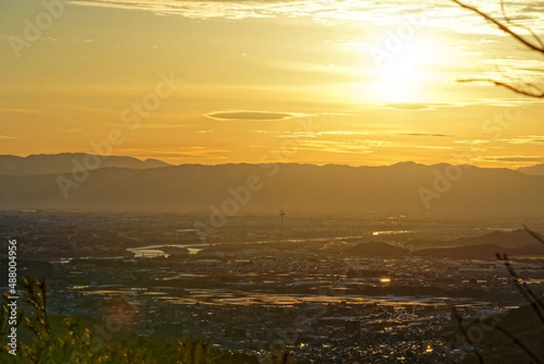 Obraz 夕陽に染まる濃尾平野　犬山市　一宮市
