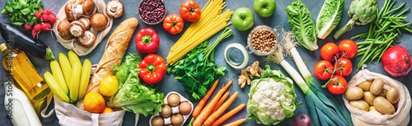 Obraz Groceries shopping. Flat lay of fruits, vegetables, greens, bread and oil in eco friendly bags, top view.
