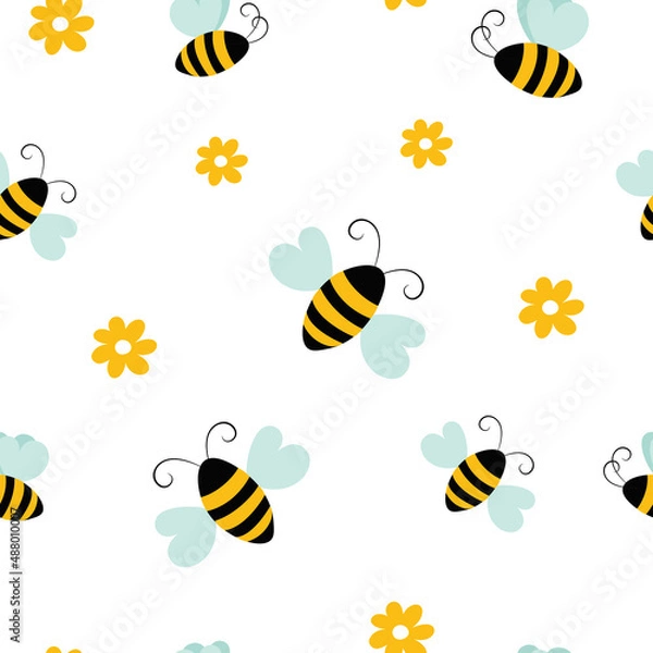 Obraz Cute seamless pattern with bee and flowers. Cartoon spring elements on white background. Vector illustration