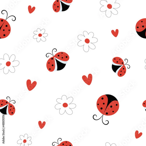 Fototapeta Cute seamless pattern with ladybug and flowers. Cartoon spring elements on white background. Vector illustration