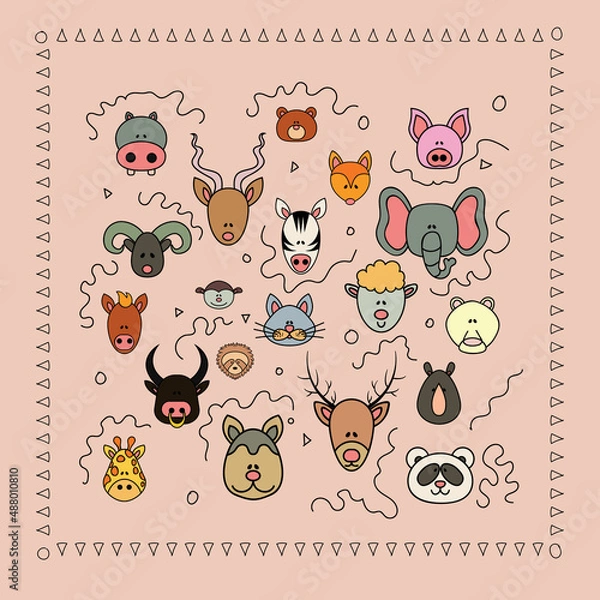Obraz Colorful icons with the heads of wild animals on a pink background. Colored icons depicting wild animals, supplemented with doodles in a frame.