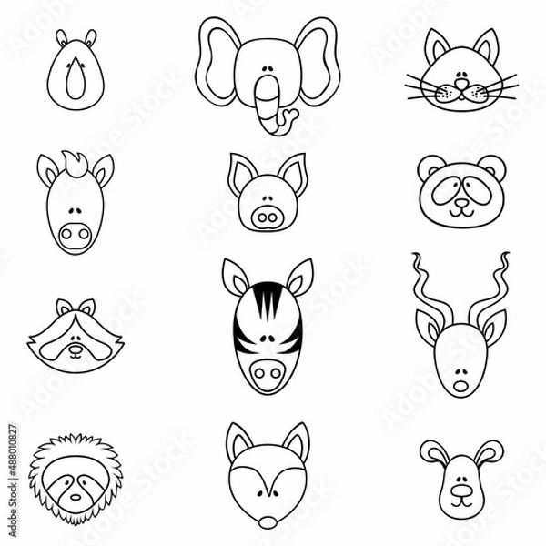 Obraz Icons depicting wild animals isolated on a white background. On World Wildlife Day, animals smile.