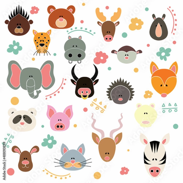 Obraz Colored heads with white outlines, drawn by hand. Multicolored icons depicting animal heads isolated on a white background.