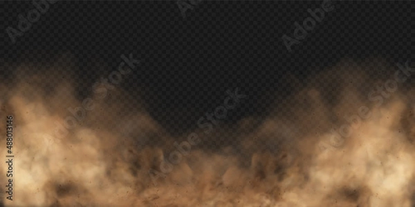 Fototapeta Sandstorm. Dust cloud or sand with flying small particles or stones. Vector illustration isolated on transparent background
