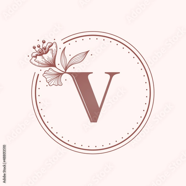 Obraz Floral letter V font. Stamp.