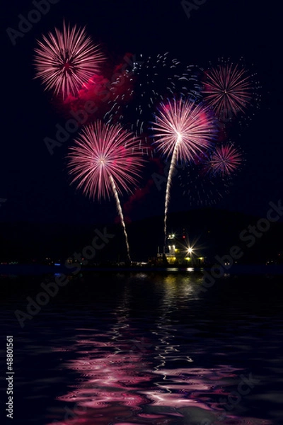 Obraz Fireworks with lake reflection