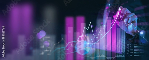 Obraz Businessman working with modern computer virtual dashboard analyzing finance sales data and economic growth graph chart and block chain technology.