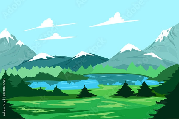 Obraz Mountain landscape with a lake and trees.