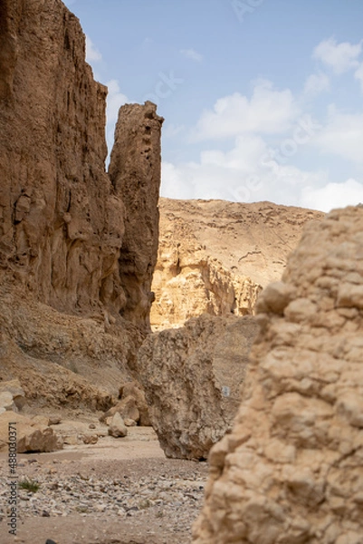 Obraz Mountains, rocks and hills of Judean desert in Israel, Middle East landmarks of Old Testament Bible times. Aerial view of Dead sea spa and recreation areas. High quality photo