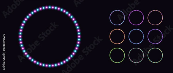 Fototapeta Neon circle frame with bicolor lamps. Glowing neon round border set with bulbs