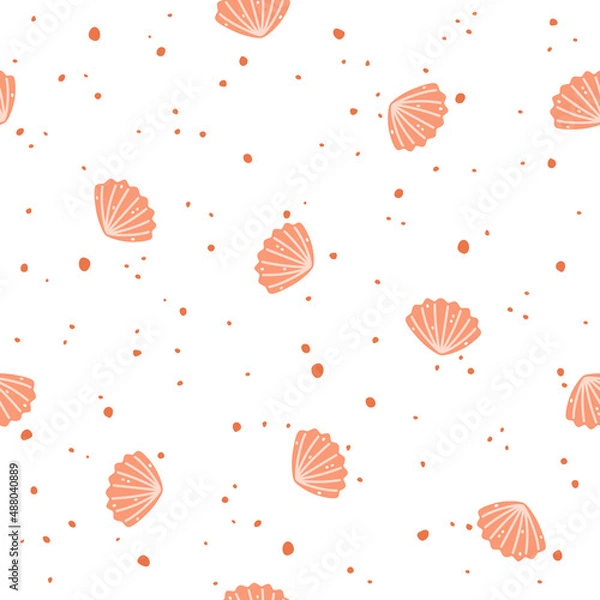 Fototapeta Pink seashells on a white background. Vector Seamless pattern
