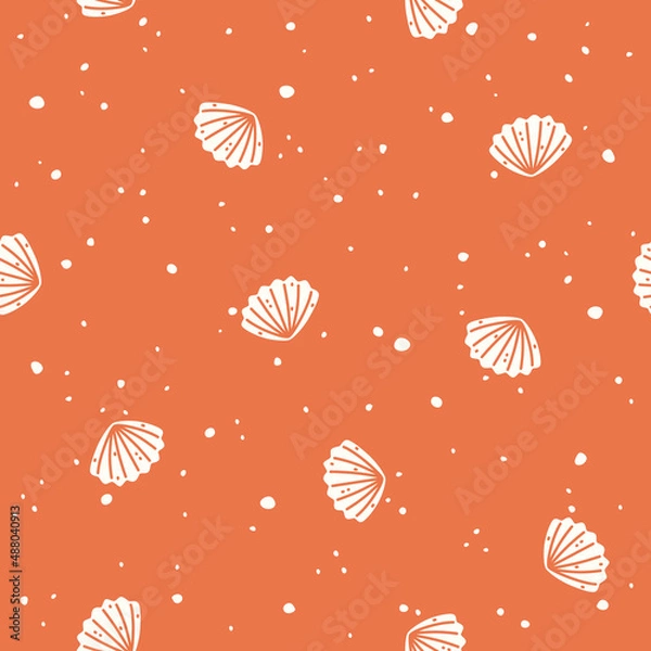 Fototapeta White seashells on a red background. Vector Seamless pattern